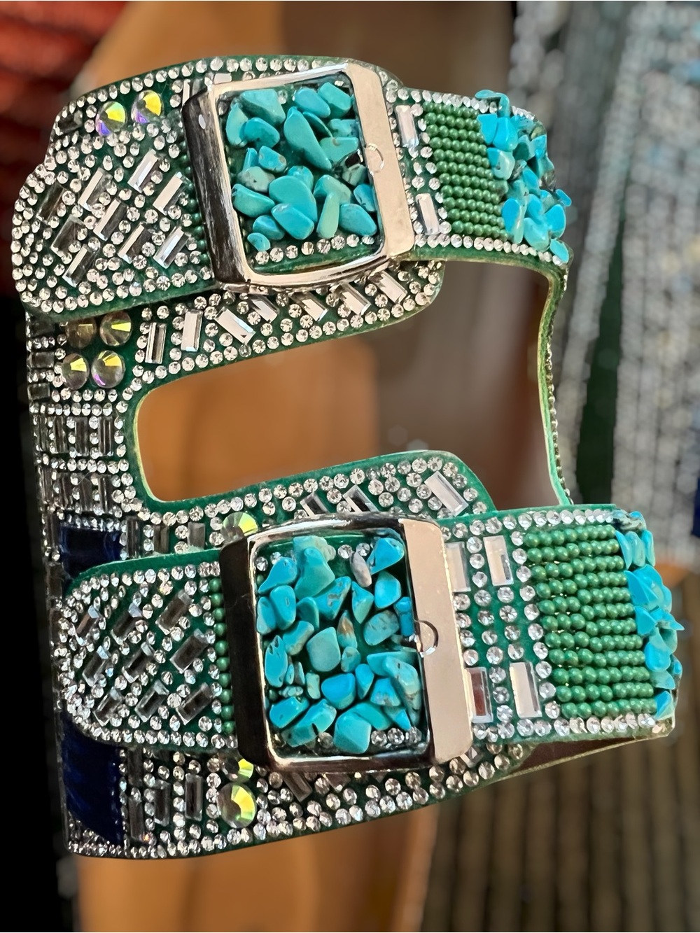 Women’s Turquoise, Blue &Green with Sparkle Accents Double-Buckle Slide Sandals - Picture 6 of 10
